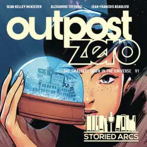 Cover art for Outpost Zero volume 01 with the Storied Arcs indie comcis podcast logo.