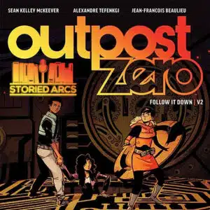 Cover art for Outpost Zero volume 02 with the Storied Arcs indie comcis podcast logo.